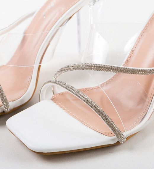 Zueco Con Tacón Transparente y Tiras Brillantes Blanco