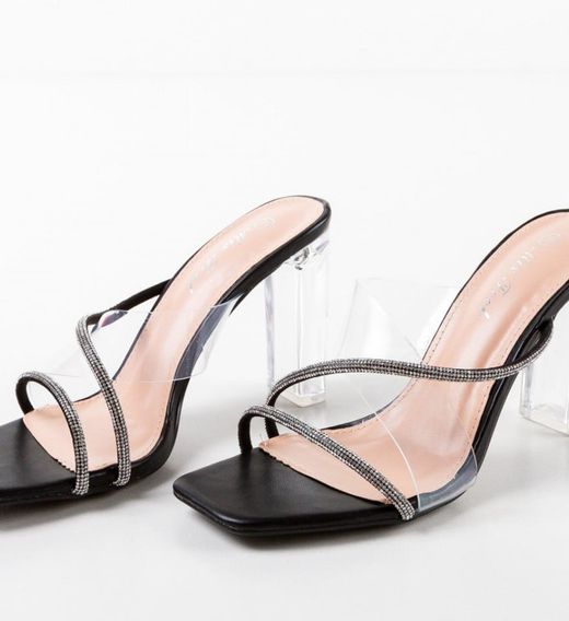 Zueco Con Tacón Transparente y Tiras Brillantes Negro