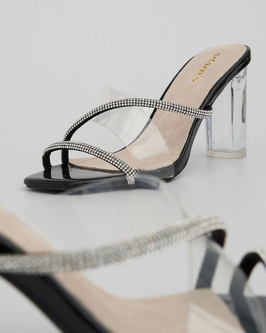 Zueco Con Tacón Transparente y Tiras Brillantes Negro