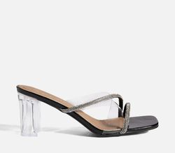 Zueco Con Tacón Transparente y Tiras Brillantes Negro