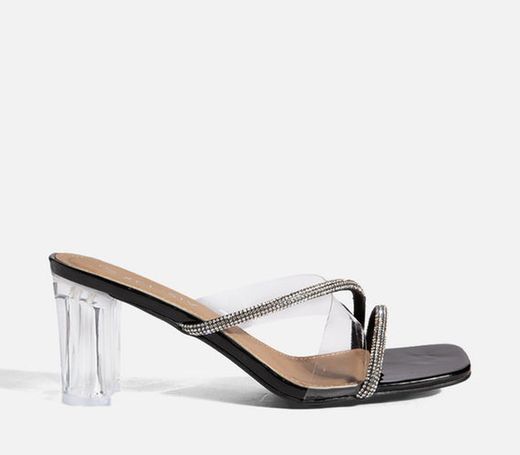Zueco Con Tacón Transparente y Tiras Brillantes Negro