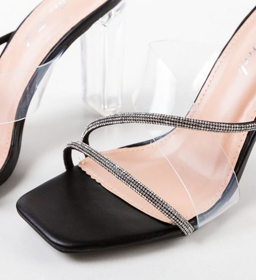 Zueco Con Tacón Transparente y Tiras Brillantes Negro