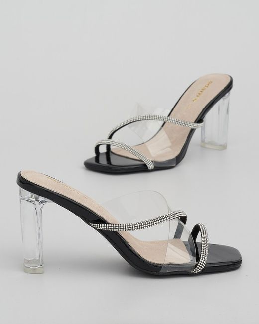 Zueco Con Tacón Transparente y Tiras Brillantes Negro