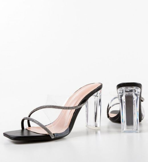 Zueco Con Tacón Transparente y Tiras Brillantes Negro