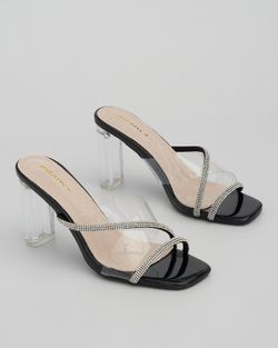Zueco Con Tacón Transparente y Tiras Brillantes Negro