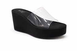 Tamanco plataforma preto aberto com faixa transparente