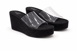 Tamanco plataforma preto aberto com faixa transparente